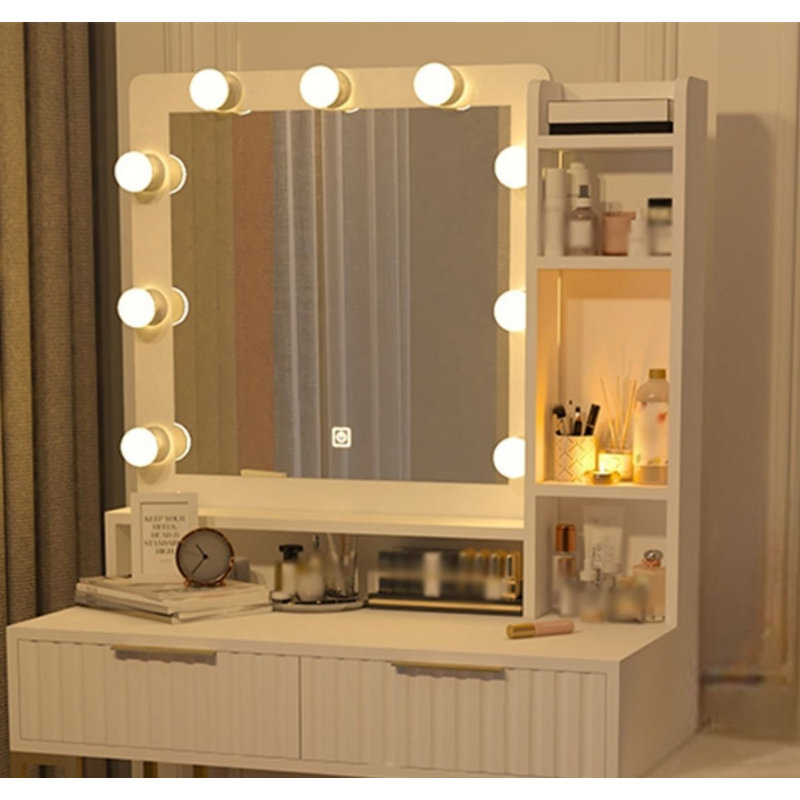 Table de coiffeuse avec miroir et lumières, coiffeuse moderne avec 5 tiroirs