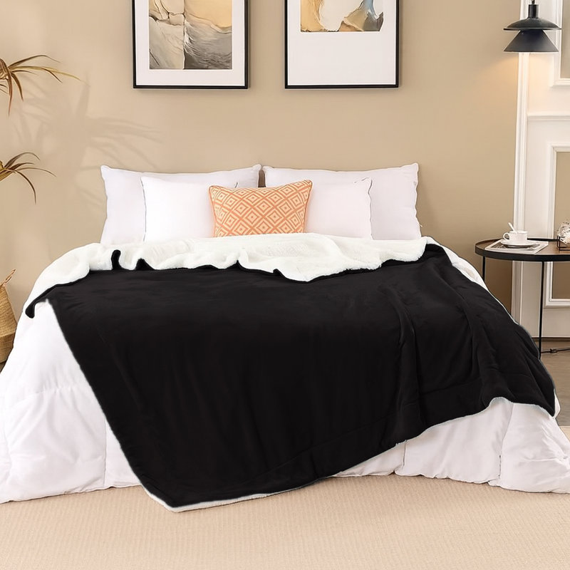 Sherpa Fleece Fur Thick Reversible Blanket Throw, 150cm x 200cm, Black