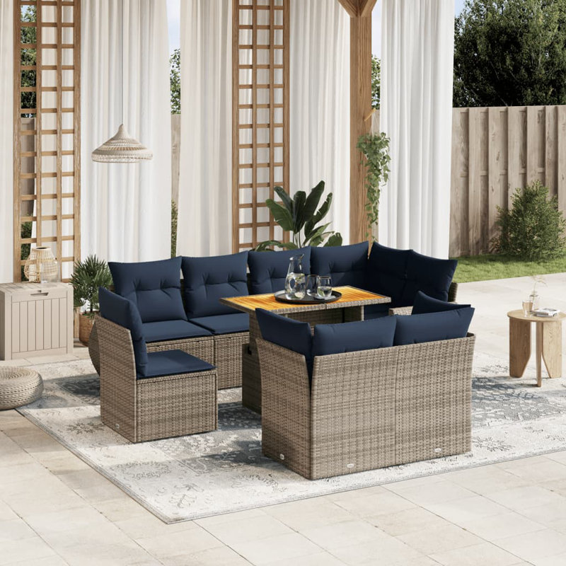  9 Piece Patio Sofa Set With Cushions Poly Rattan, Gray, Blue