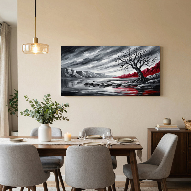 Art mural sur toile noir et blanc avec montagnes rouges et arbre nu, L 40 po x H 20 po