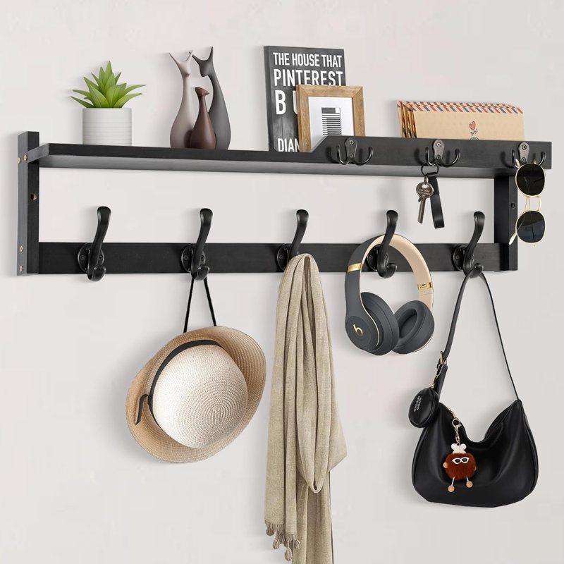 Wall Mounted Coat Rack With Shelf, Key Hooks And Mail Holder - Multi-Functional Entryway Organizer, Floating Shelf With Storage For Hats, Coats And Keys - Durable Solid Wood Construction