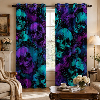 2 pièces de rideaux bloquant le soleil à motif de crâne, de style gothique, sur le thème de l'Halloween, au design artistique, obscurcissant pour la chambre à coucher et salon pour la maison