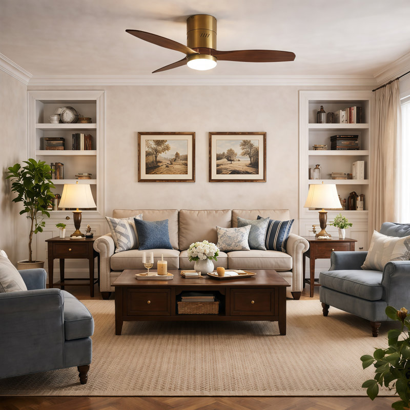 Ventilateur de plafond moderne à 3 pales de 52 po avec luminaire et télécommande AuraVista - montage encastré pour un design épuré et peu encombrant