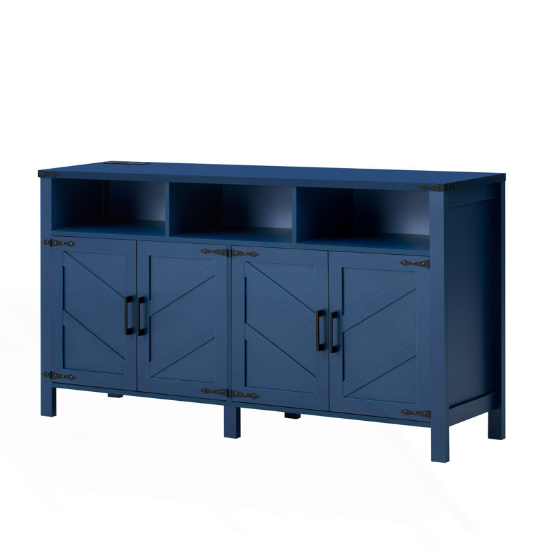 Modern 4-Door Sideboard Buffet With Power Outlets & USB Ports, Navy Blue
