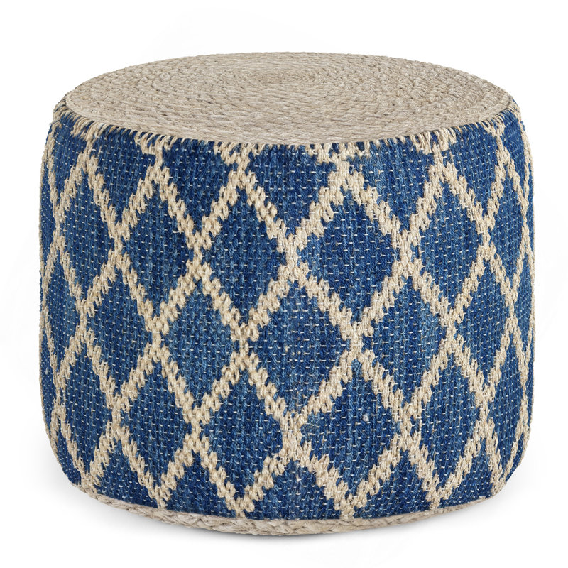Pouf rond de 18 po de large en jute et coton naturels tissés à la main Edgeley, Bleu