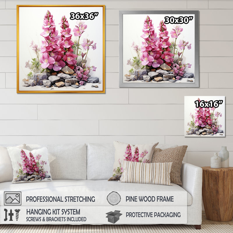 Rose Foxglove Harmony Aesthetic Stone Ensemble II - Foxglove, art mural, Cadre flottant doré, H 36 po x l 36 po