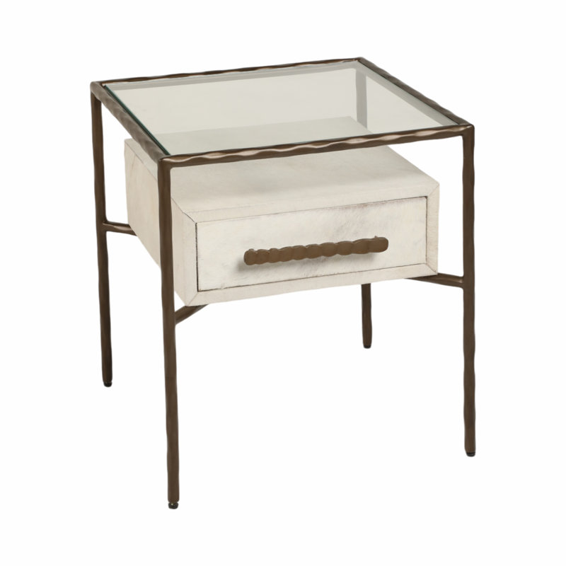 Table de bout décorative avec plateau en verre et tiroir avec poignée en aluminium - Élégante table d'appoint avec tiroir, 22 po
