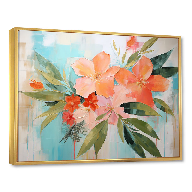 Art moderne moderne, fleurs tropicales roses et vertes - Collages abstraits, Cadre flottant doré