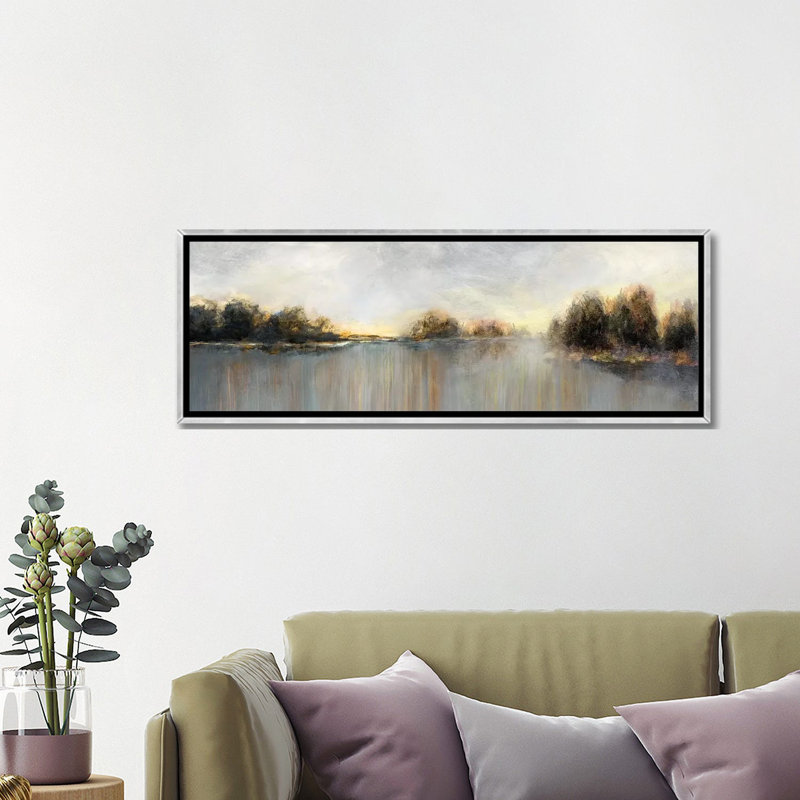 " Rain At Dawn " by Nan, 16" H x 48" W x 1.5" D, Silver Framed
