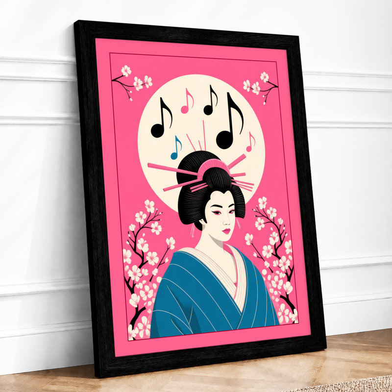Music in Blue Silk Japandi - Framed Print, A4 - 29.7 x 21.0 cm, Black
