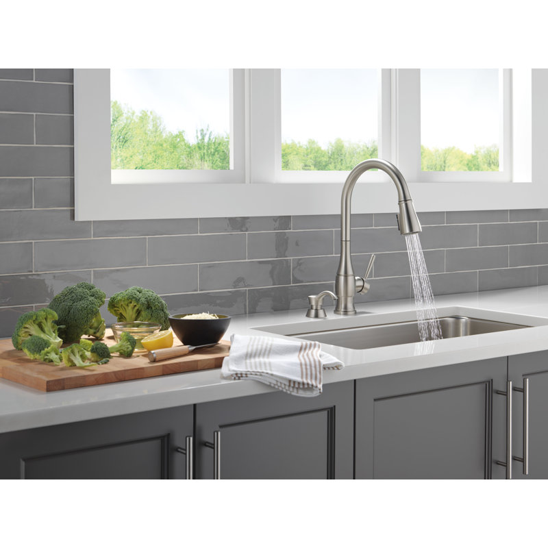 Delta Hazelwood Brushed Nickel Kitchen Faucet with Pull Down Sprayer and Soap Dispenser, Modern Single Hole Kitchen Sink Faucet, Single Handle, Spotshield Stainless