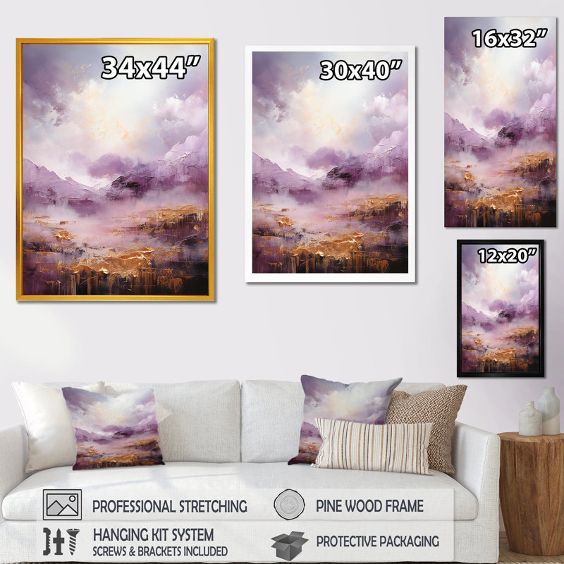 Purple And Gold Lake And Mountain V, Gold Floater Framed, 60" H x 28" W x 1.5" D