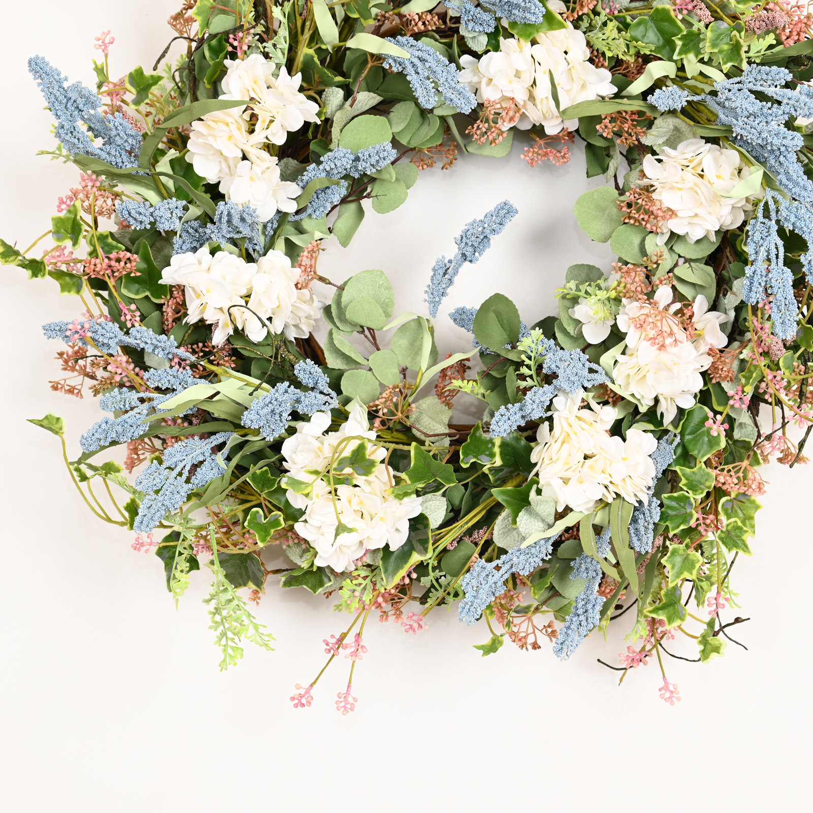 26" Artificial Large Farmhouse Spring Summer Greenery Eucalyptus Ivy Cluster Berry Hydrangea Front Door Wreath