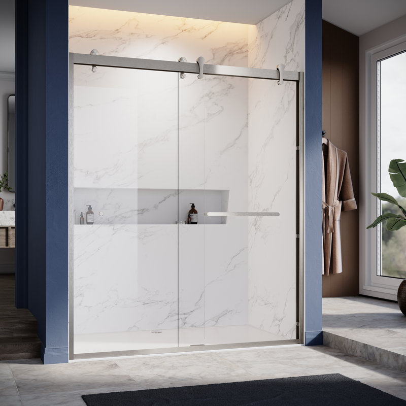 Porte de douche encadrée à double porte coulissante l 60 po x H 76 po avec panneau Enduro, Nickel