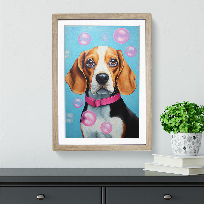 Beagle Bubble Gum - Single Picture Frame Print on Wood, Oak, 46cm H x 34cm W x 2cm D