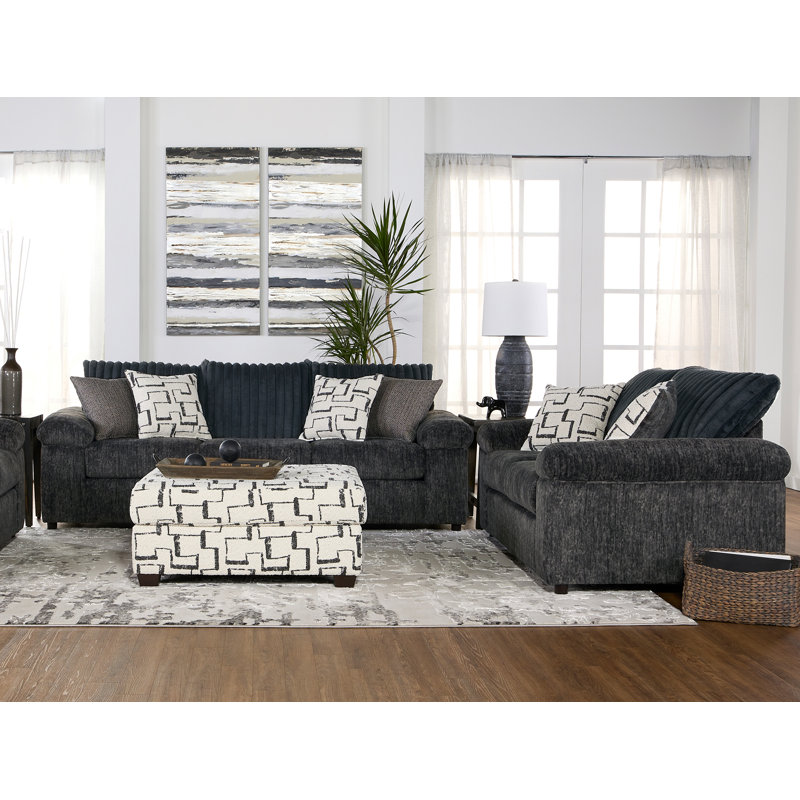 Oliwier Wide Wale Corduroy Sofa, Loveseat, and Ottoman Set, Parchment, Charcoal Corduroy