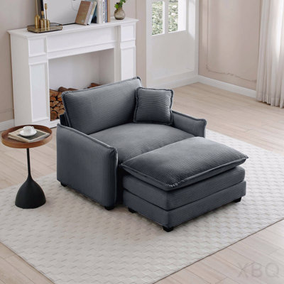 Canapé simple à assise profonde avec repose-pieds et un coussin pour le salon et la chambre à coucher - Velours côtelé gris