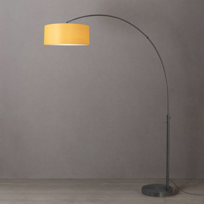Float 92" Arc Lamp - Black Nickel Steel, Black Nickel Steel Base, Mustard Linen Drum Half-Dome, Dimmable, Bulb Included