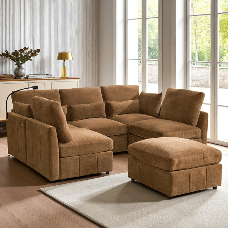 U-Shaped Modular Sectional Sofa With Ottoman And USB Ports, Brown Chenille