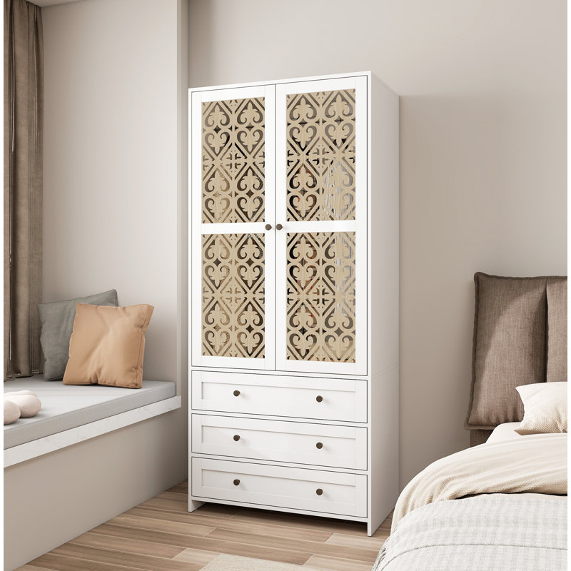 Garde-robe à 2 portes et 3 tiroirs à motif creux, la collision du blanc, convient aux chambres à coucher et aux vestiaires
