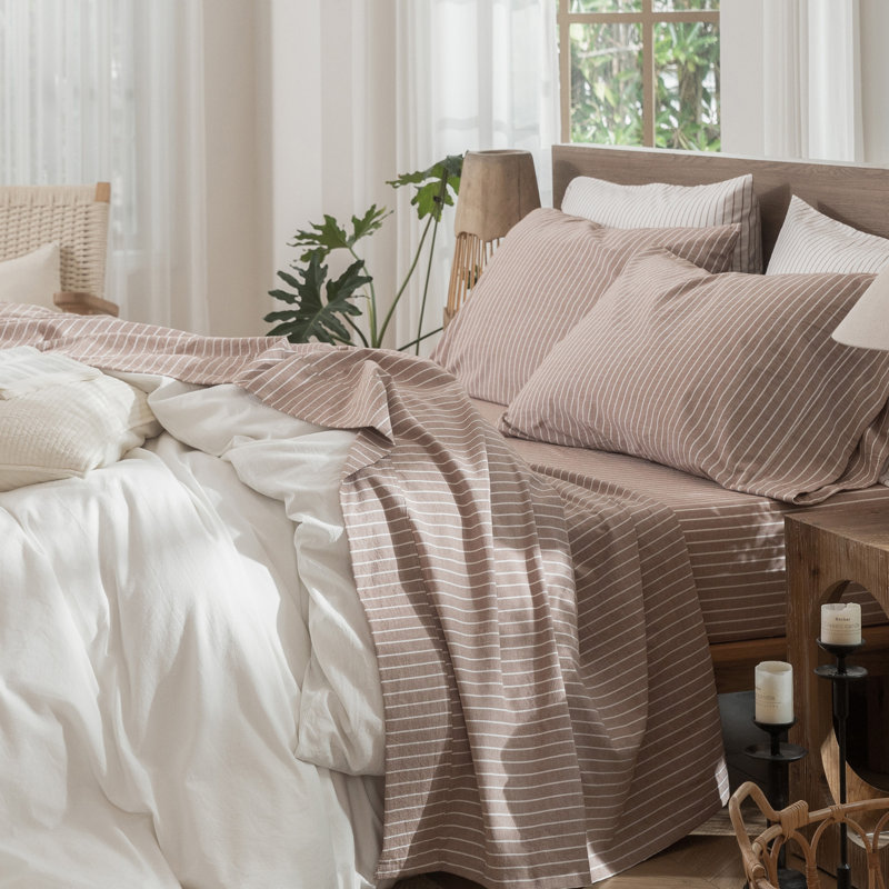 Ensemble de draps 100% coton lavé MooMee, Ensemble de draps pour très grand lit avec 2 taie, Rayures larges : Orange et blanc