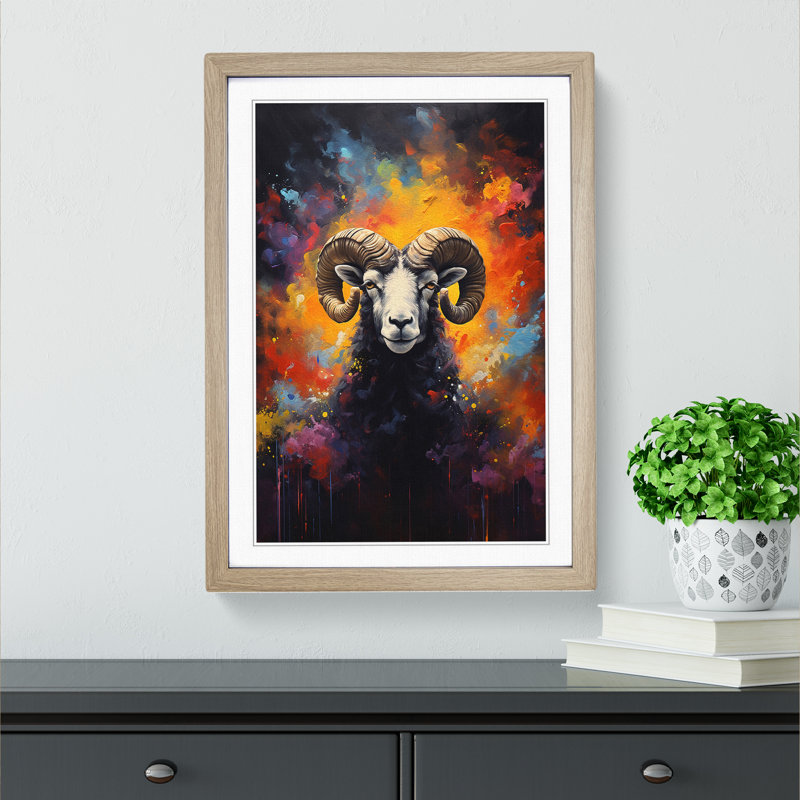 XYZ-FRM-V1223-5403 Ram Sheep Informel - Single Picture Frame Print on Wood, Oak, 46cm H x 34cm W x 2cm D