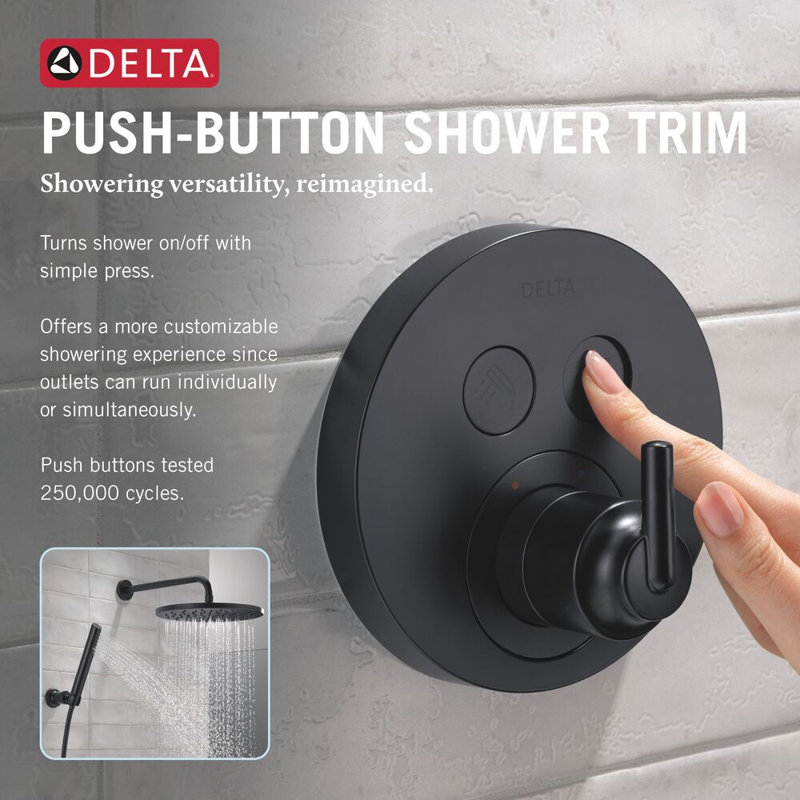 Delta Round Contemporary Push-Button Shower Valve Trim, Matte Black (Valve Not Included), Matte Black