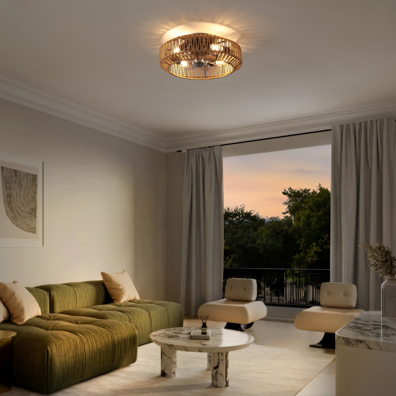 Rowan 19.5" 4-Light Modern Bohemian 6-Speed Metal/Rattan Mobile-App/Remote-Controlled Lantern LED Ceiling Fan, Brown/Black