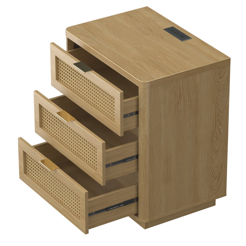Table de bout l 22,83 po avec 3 tiroirs et station de charge, Naturel / bois
