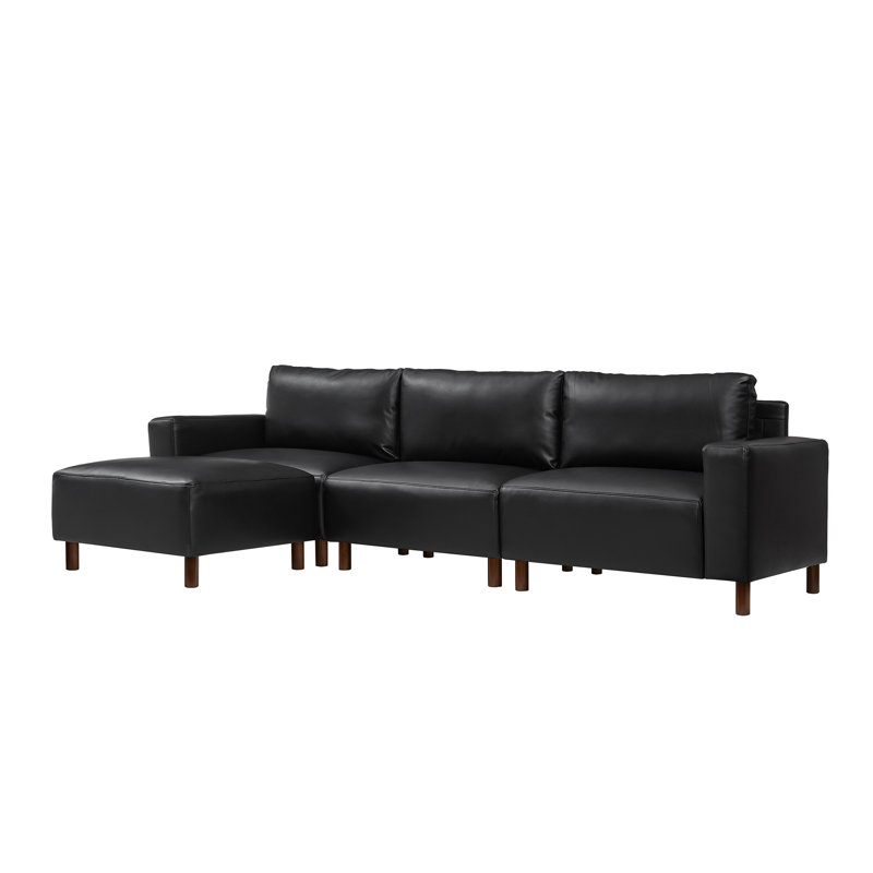 Canapé en similicuir de 112 po avec repose-pieds en L, Similicuir noir
