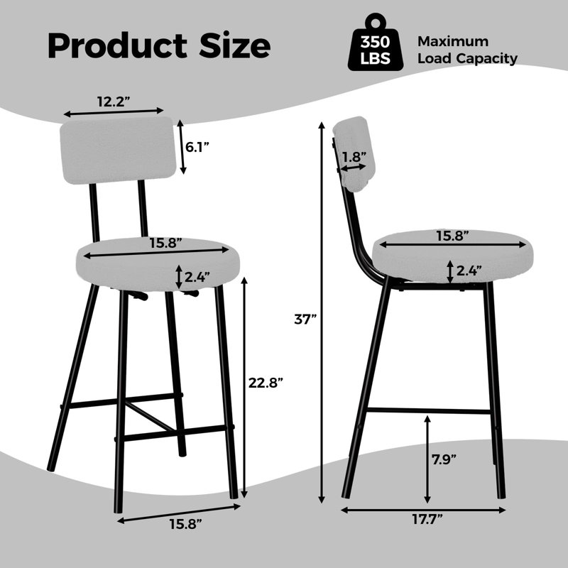 Height Bar Stools Set, Upholstered Counter Height Bar Chair with Round Seat, Modern Barstools with Back and Metal Footrest for Kitchen, Bistro, Pub, Dining Room Island