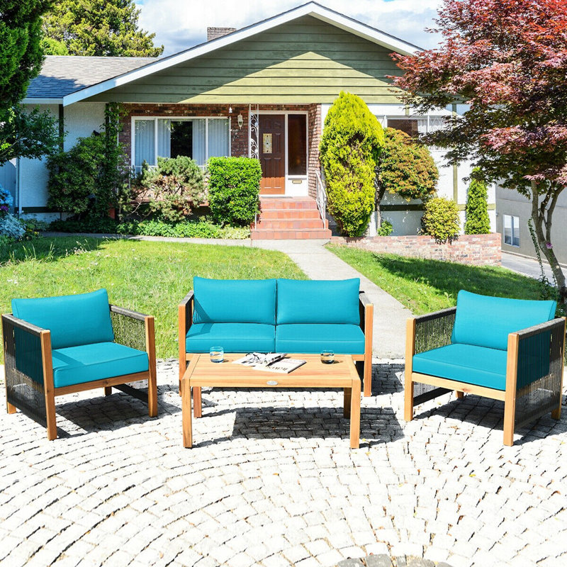 Menges Outdoor Patio 4 Pieces Acacia Wood Sofa Set with Cushions, Blue