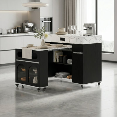 Luxury Kitchen And Dining Room Set, Extendable Dining Table, Multi-Functional Mobile Island, Drawers With Sockets, Black Storage Cabinet.