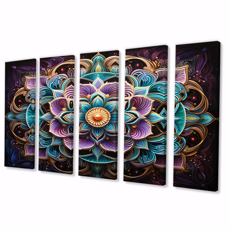 Ancienne mandala magique colorée - décoration murale mandala boho - 5 panneaux égaux