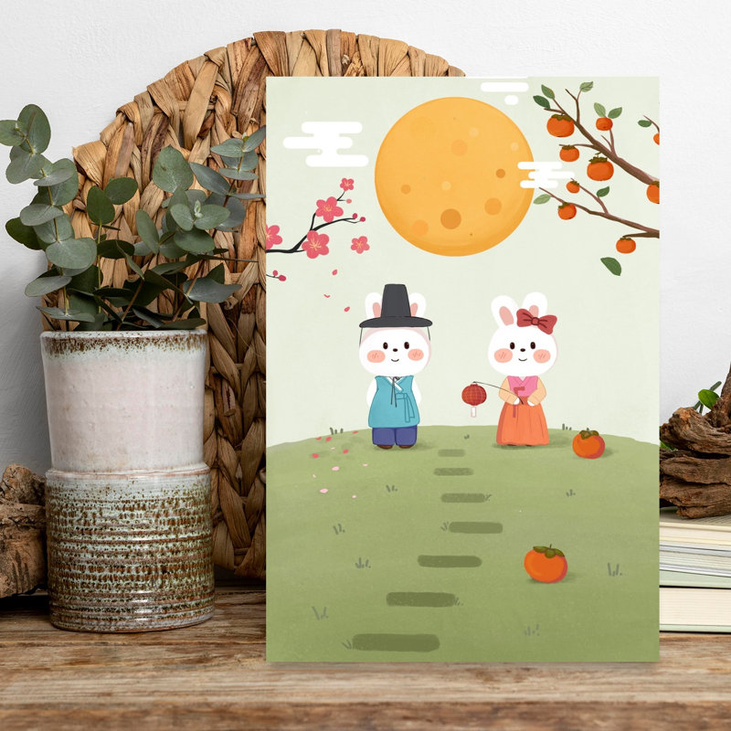 Chuseok Rabbits Full Moon Traditional Abstract Contemporary Cherry Rabbit Autumn Nature Wall Art Print by Xuan Thai - Wrapped Canvas Print