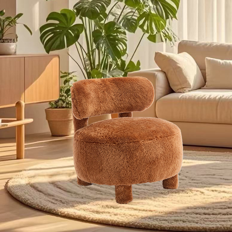 Chaise d'appoint sans accoudoirs en fourrure brune avec siège rond, Fausse fourrure brune