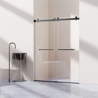 Pour porte de douche coulissante double sans cadre de 56 à 60 po x 76 po, porte en verre trempé épais de 3/8 po (10 mm), installation réversible, sans fermeture en douceur