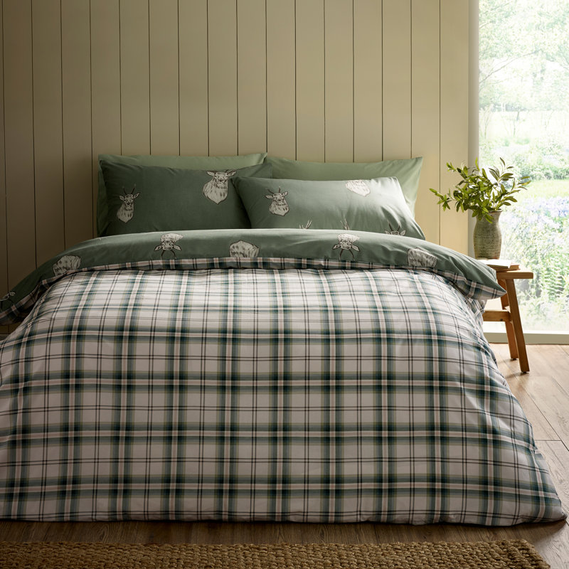 Stag Check Reversible Duvet Cover Set, Kingsize Duvet Cover + 2 Standard Pillowcases, Olive Green