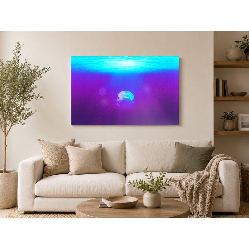 Méduse dans l'océan profond - paysage, art mural sur toile, 14" W x 11" H