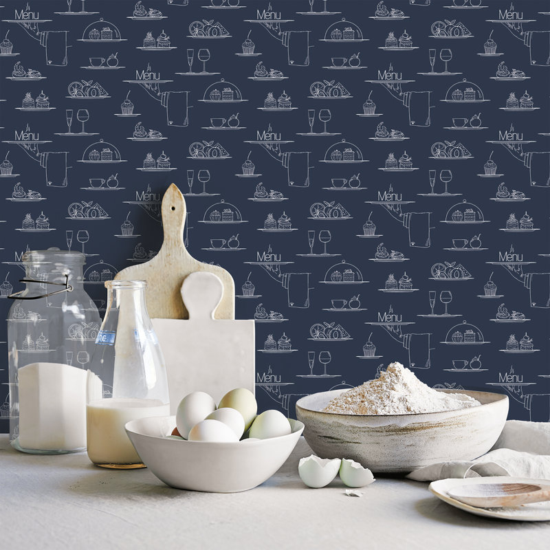 Just Kitchens Chalkboard Menu Design 33' L x 21" W Wallpaper Roll, Navy/White