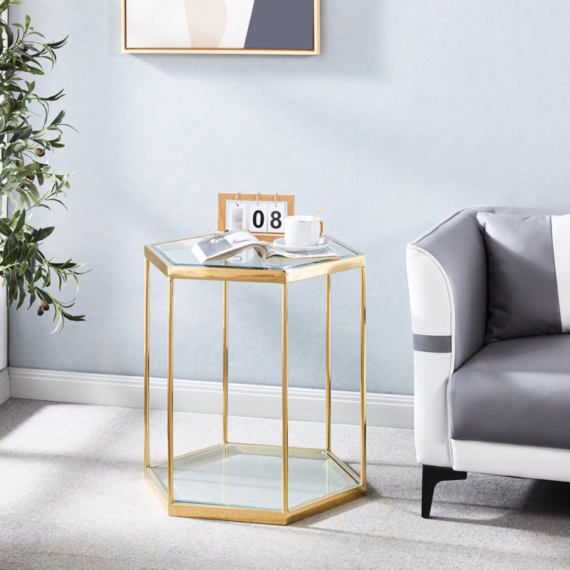 Table de bout moderne en verre avec cadre en acier inoxydable doré - augmentant l'espace de rangement, rangement supérieur or, facile à nettoyer et à installer rapidement