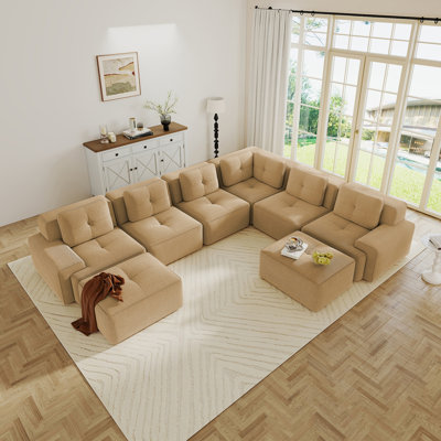Canapé modulaire modulaire pour le salon, canapé d'angle à 6 places avec repose-pieds mobile, tissu velours côtelé, conception capitonnée, sans assemblage, brun clair