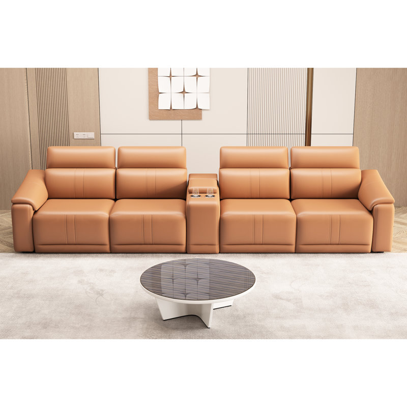Canapé modulaire en cuir orange 5 pièces avec espace de rangement et sièges inclinables électriques, confortable pour un espace de vie principal, style moderne, rembourrage en coton technique