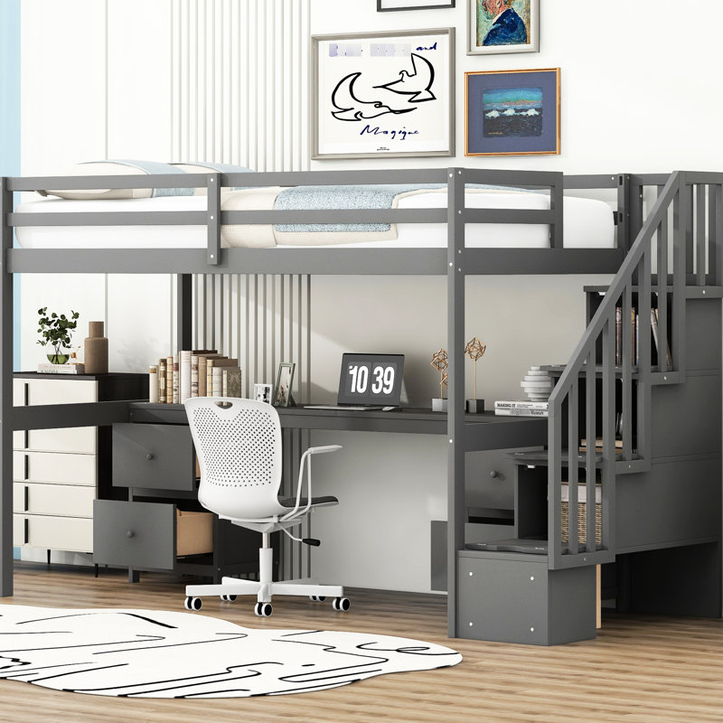 Lit mezzanine simple avec bureau et rangement double, fini gris avec capacité de rangement