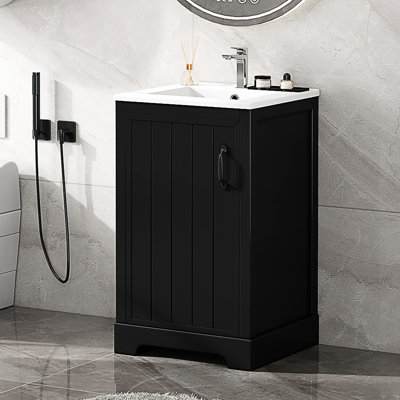 Meuble-lavabo de 20 po avec lavabo en céramique blanche, armoire noire, porte à fermeture douce et support de rangement à deux niveaux pour une finition de classe 20 po, efficacité
