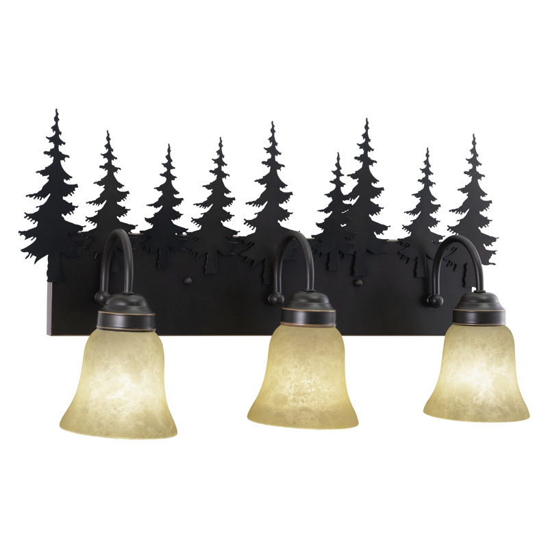 Homar 3-Light 24.75 inch Wide Burnished Bronze Rustic Cabin Bathroom Vanity Lighting Fixture, Amber Flake Glass Shade, Tree Motif, Dimmable, LED Compatible, Over the Mirror Wall Mounted