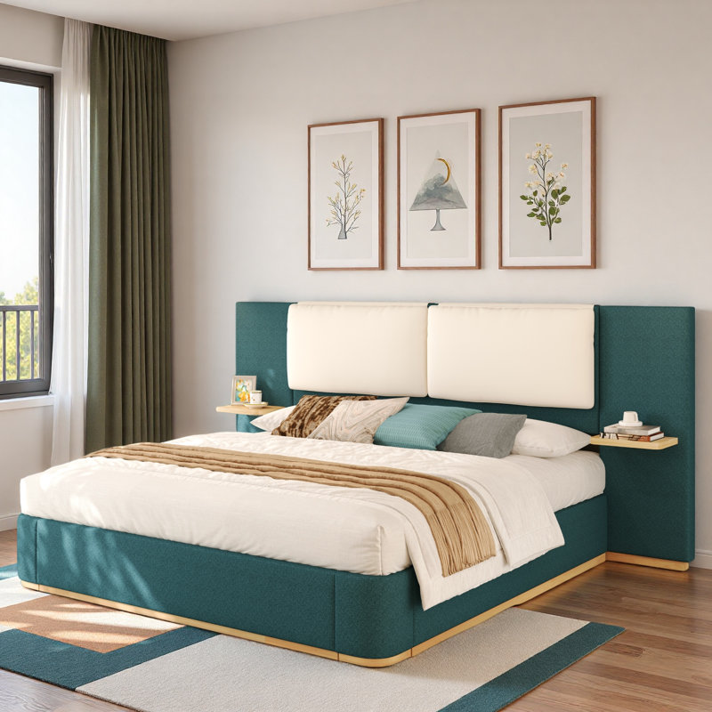 Lit plateforme tapissier avec tablettes, Vert/blanc, Très grand lit