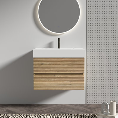 Meuble-lavabo mural de style moderne du milieu du siècle, grille en chêne, double tiroir, structure en matériaux de qualité E1, quincaillerie silencieuse, ornementation, choix, mécanisme des tiroirs