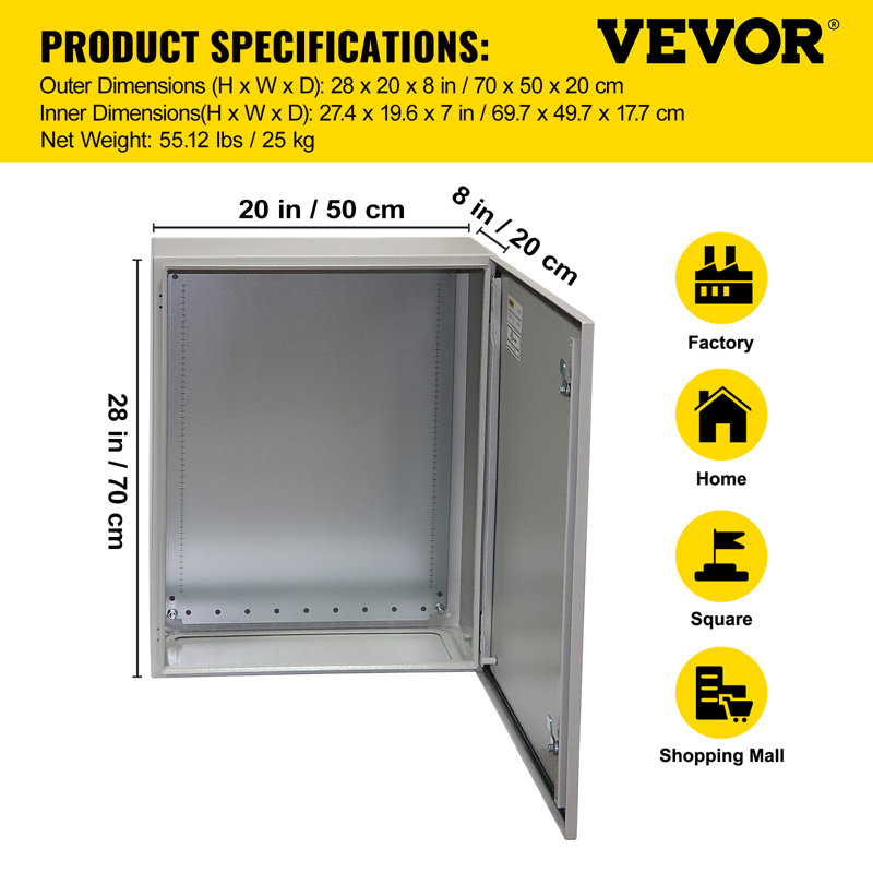 Armoire électrique, 28 x 20 x 8 po, testée selon les normes UL NEMA, H 20 po x l 28 po x P 8 po