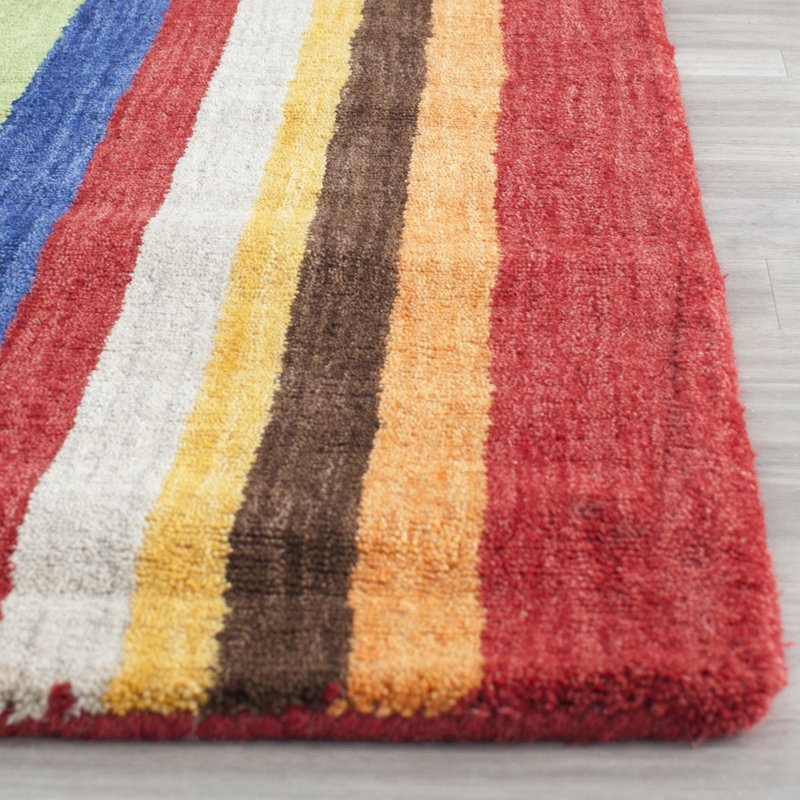 Tapis jaune en laine rayé fait à la main Frann, Rond 8 pi